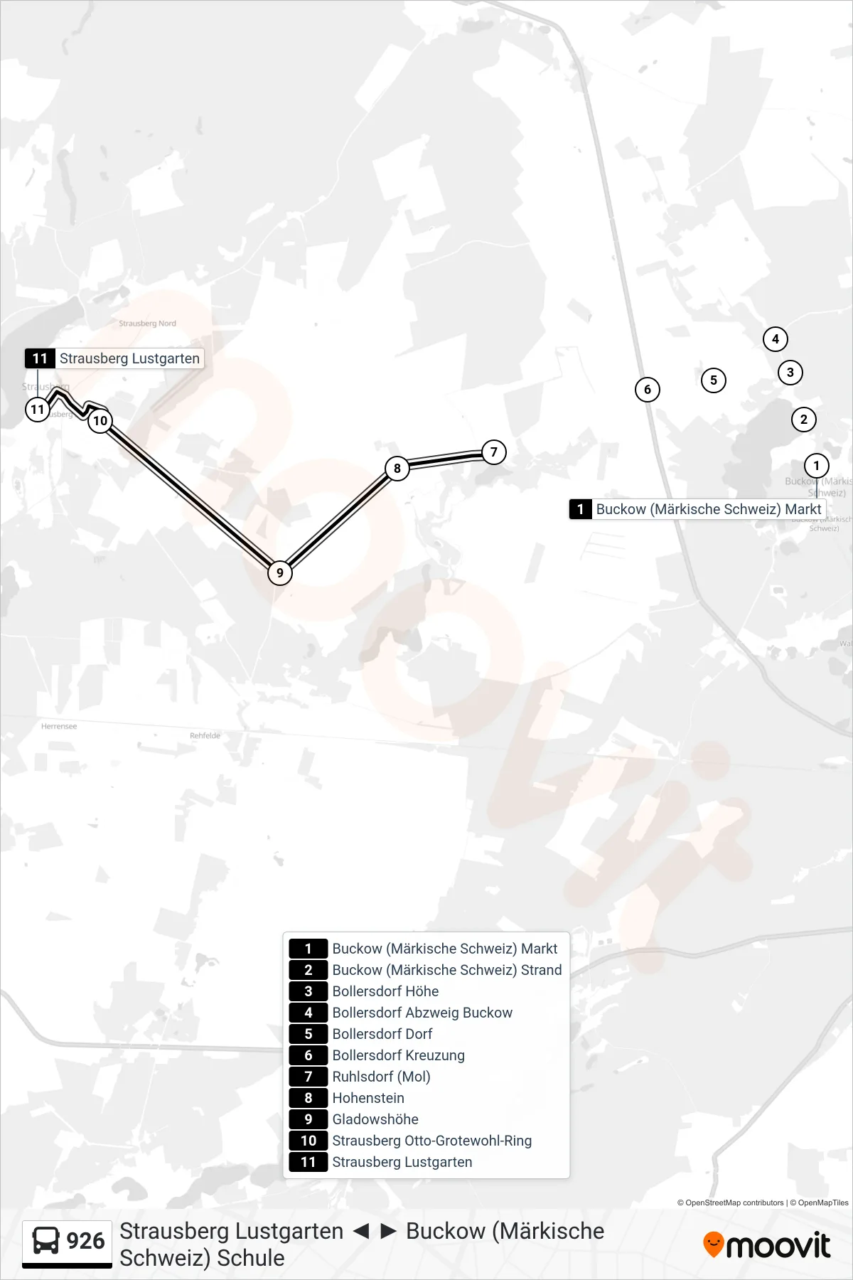 Linie 926 (Bus) Richtung Strausberg Lustgarten: Route und Haltestellen auf der Karte