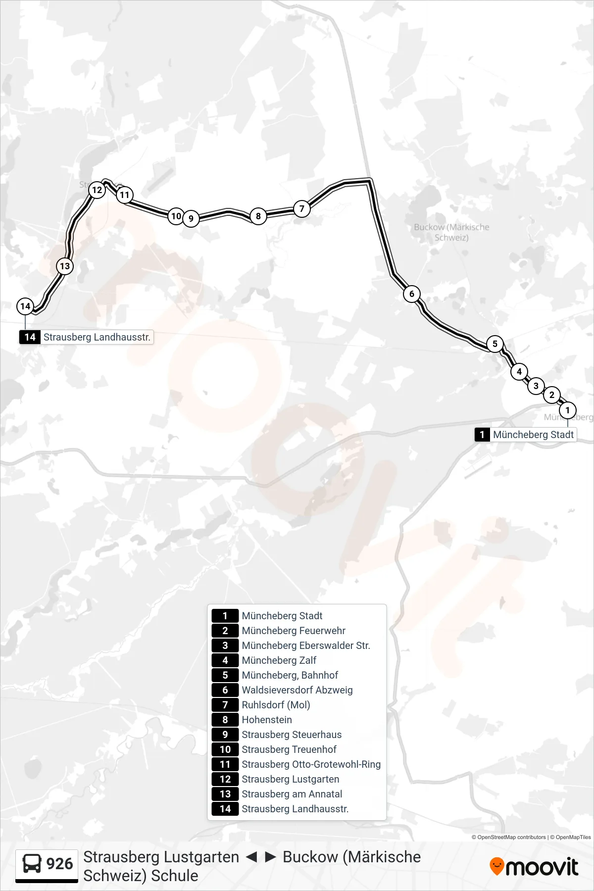 Linie 926 (Bus) Richtung Strausberg Landhausstr.: Route und Haltestellen auf der Karte