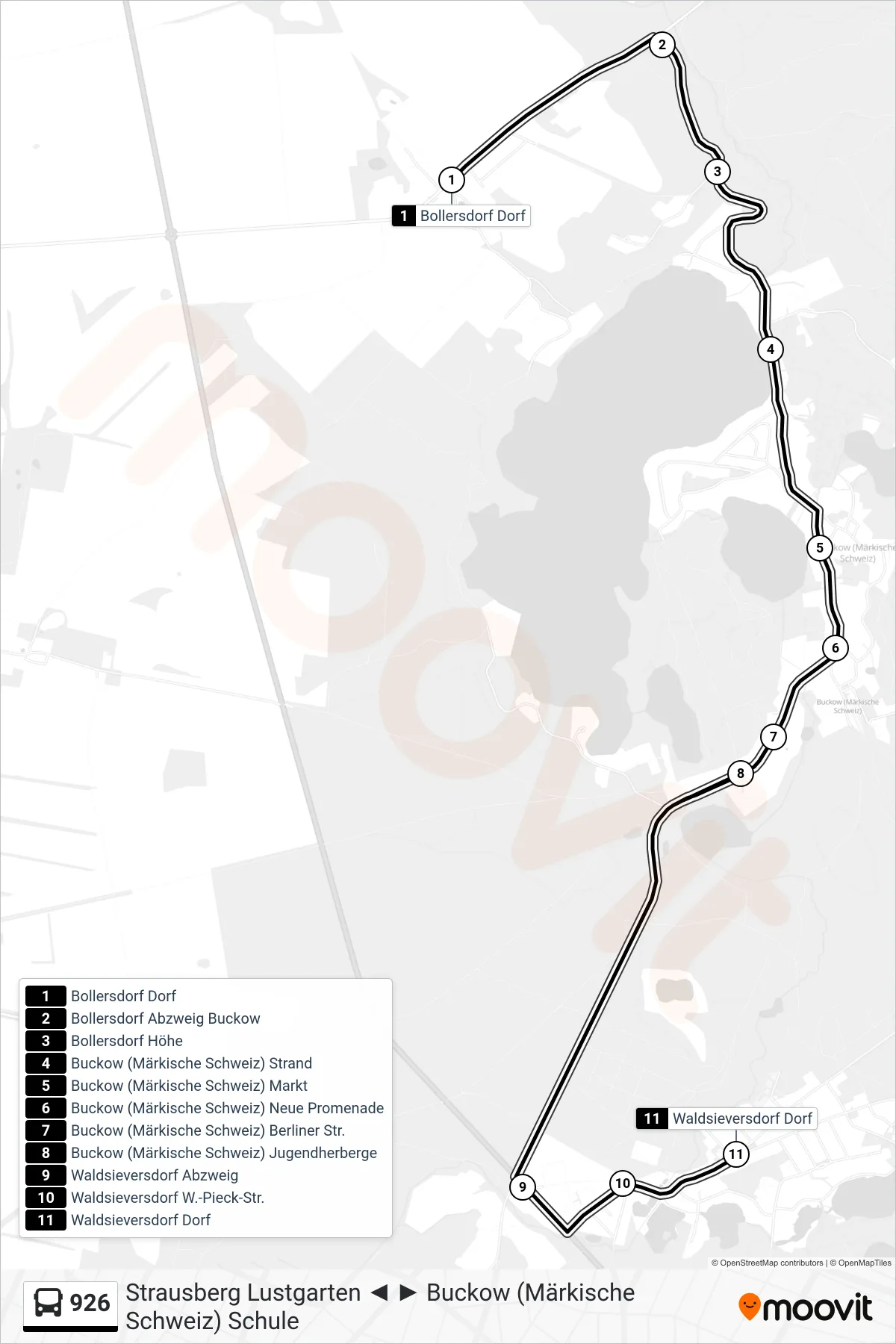 Linie 926 (Bus) Richtung Waldsieversdorf Dorf: Route und Haltestellen auf der Karte