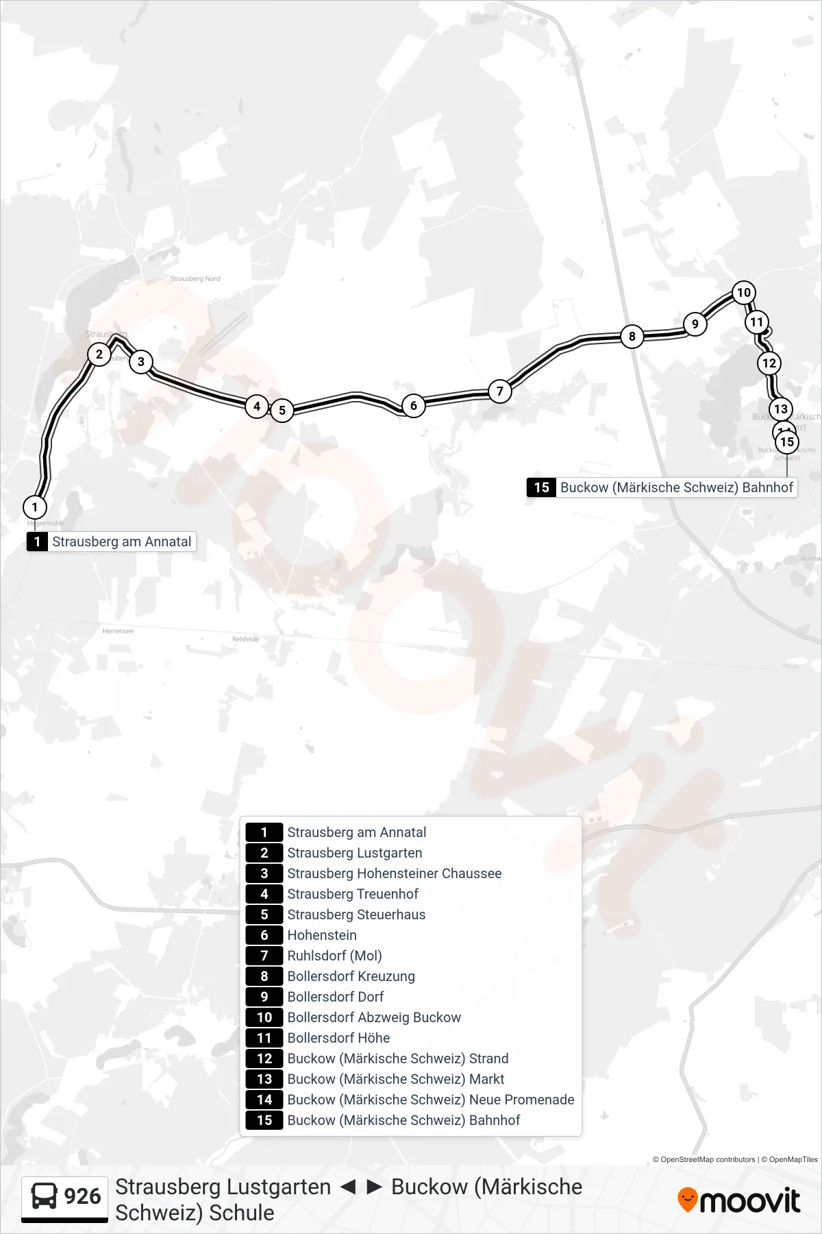Linie 926 (Bus) Richtung Buckow (Märkische Schweiz) Bahnhof: Route und Haltestellen auf der Karte