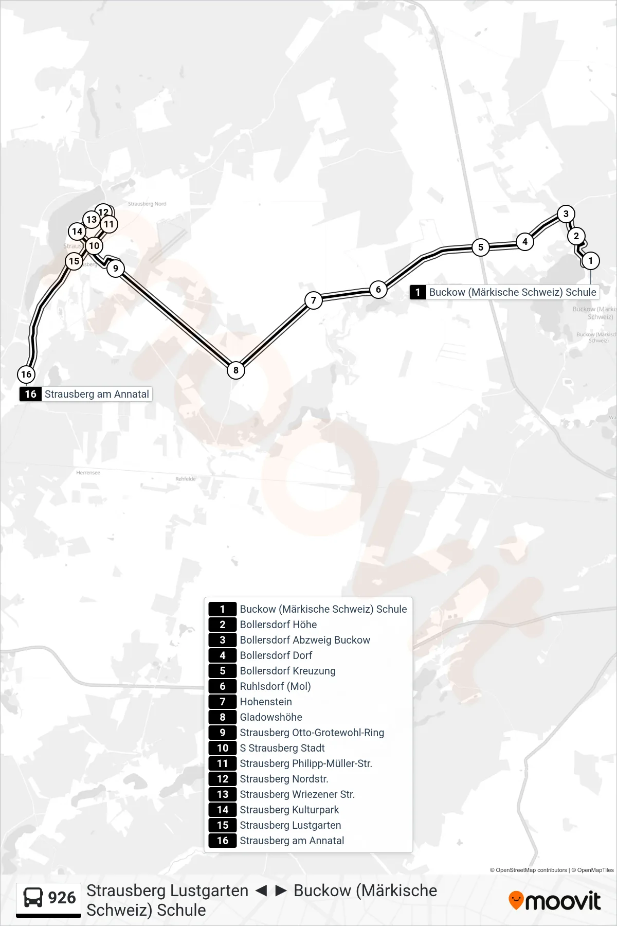 Linie 926 (Bus) Richtung Strausberg am Annatal: Route und Haltestellen auf der Karte