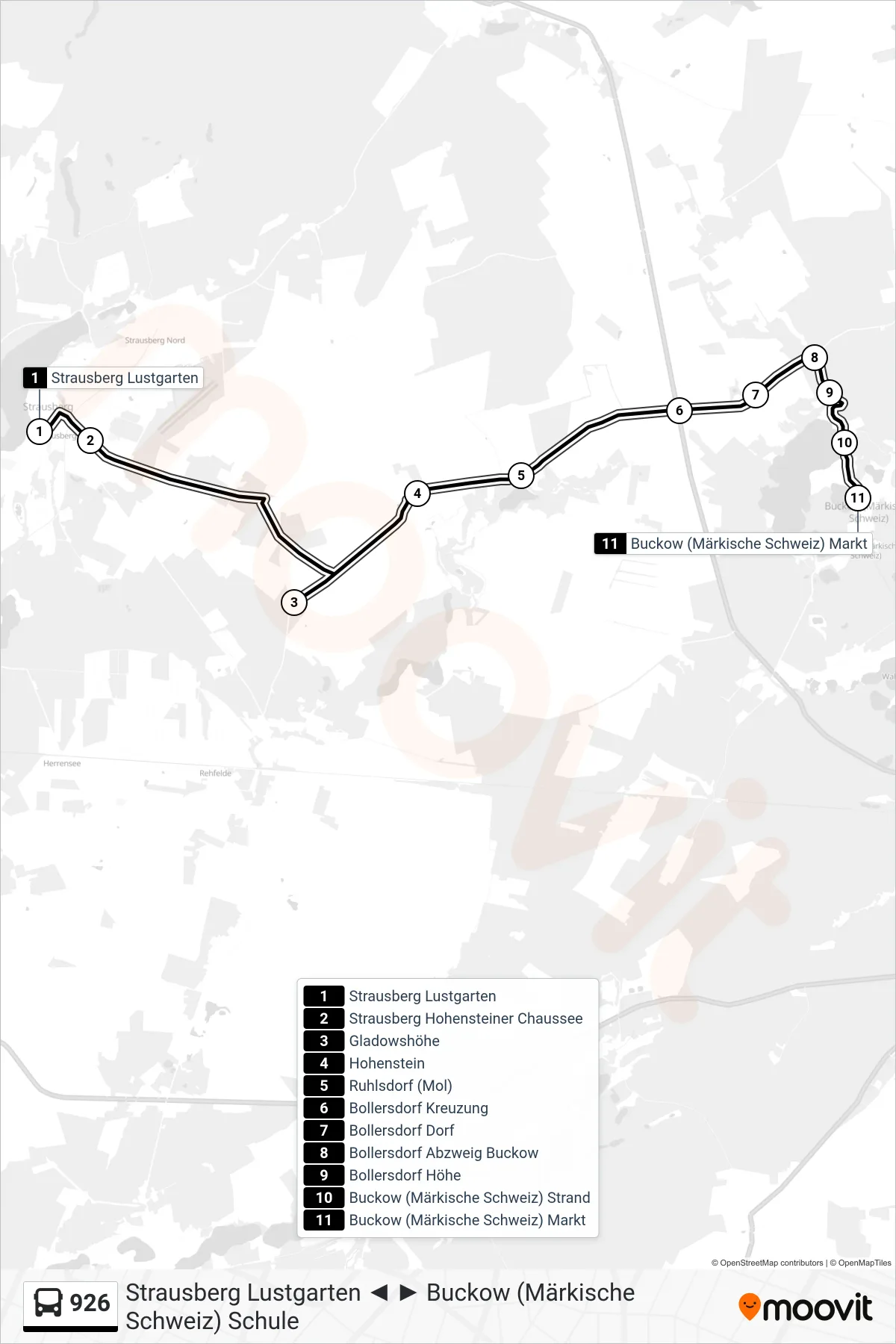 Linie 926 (Bus) Richtung Buckow (Märkische Schweiz) Markt: Route und Haltestellen auf der Karte