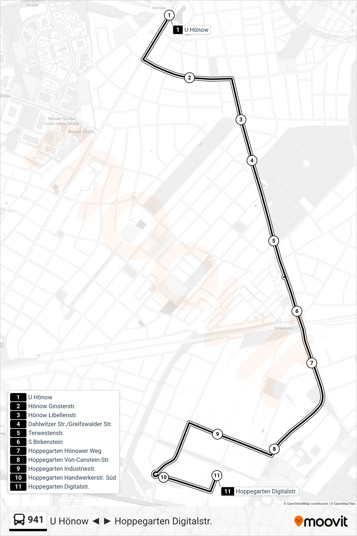 Linie 941 (Bus) Richtung Hoppegarten Digitalstr.: Route und Haltestellen auf der Karte