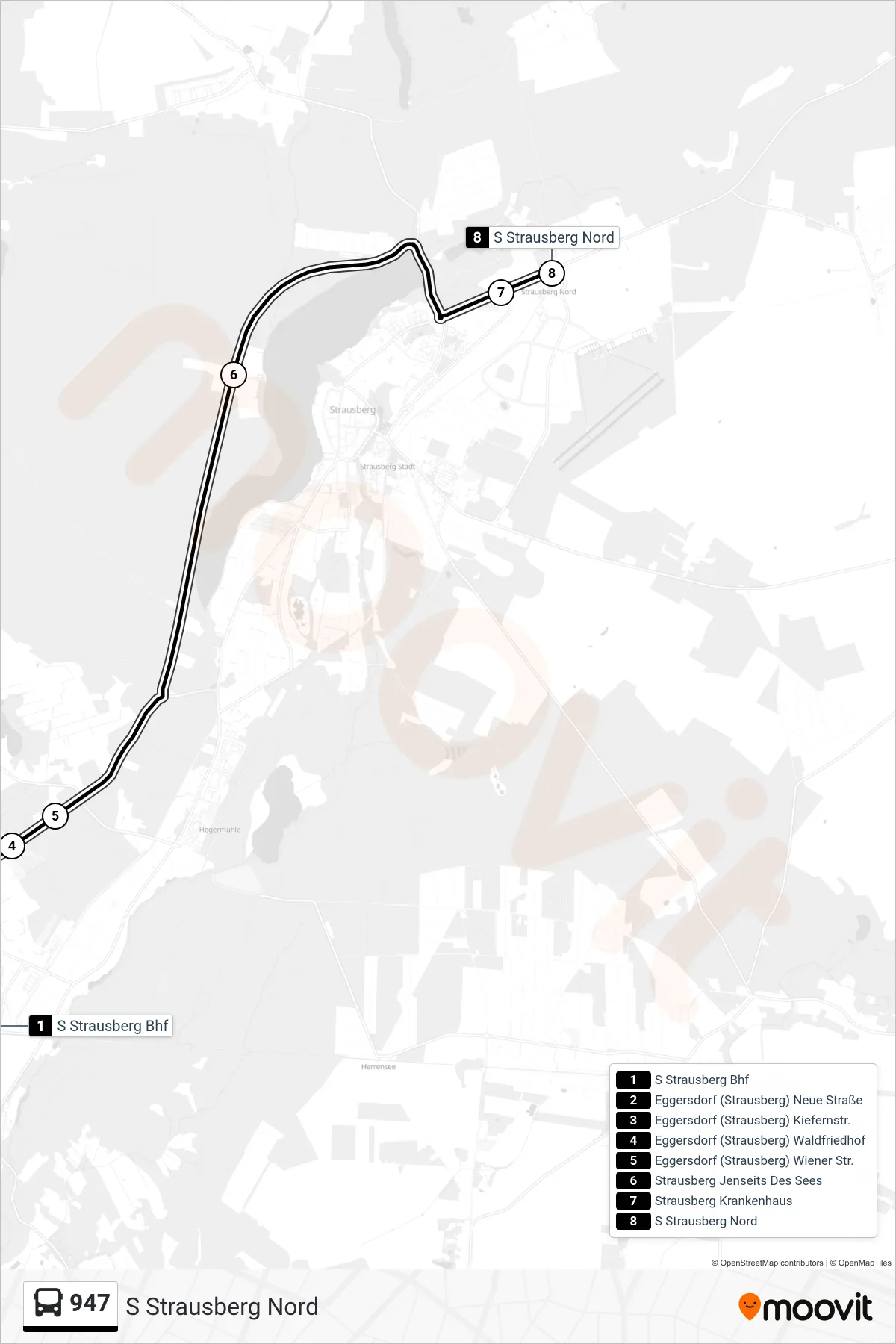 Linie 947 (Bus) Richtung S Strausberg Nord: Route und Haltestellen auf der Karte