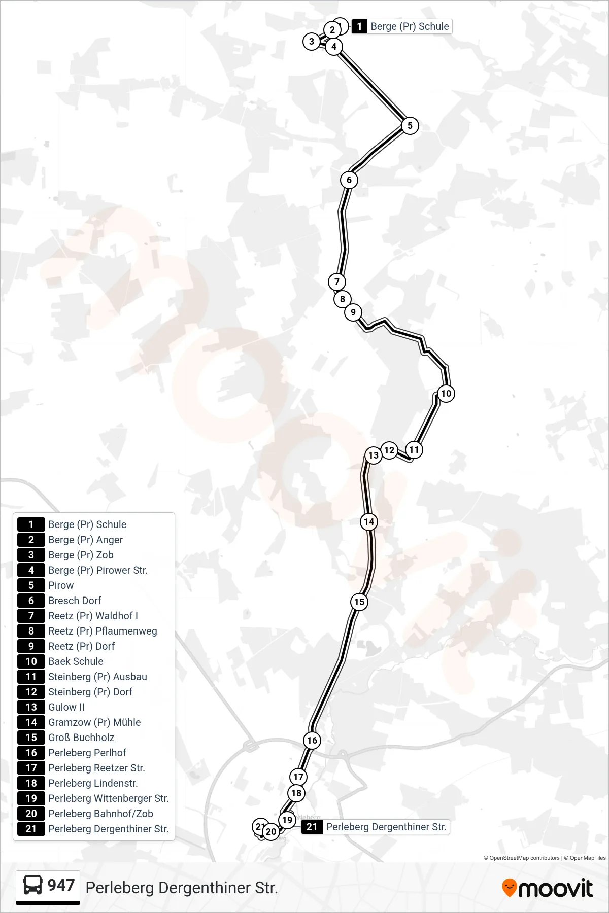 Linie 947 (Bus) Richtung Perleberg Dergenthiner Str.: Route und Haltestellen auf der Karte