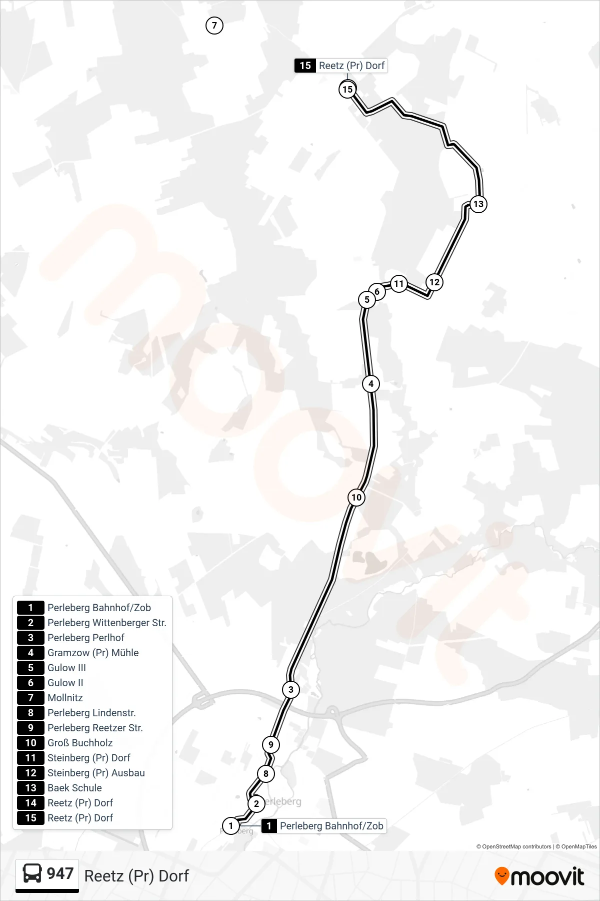 Linie 947 (Bus) Richtung Reetz (Pr) Dorf: Route und Haltestellen auf der Karte