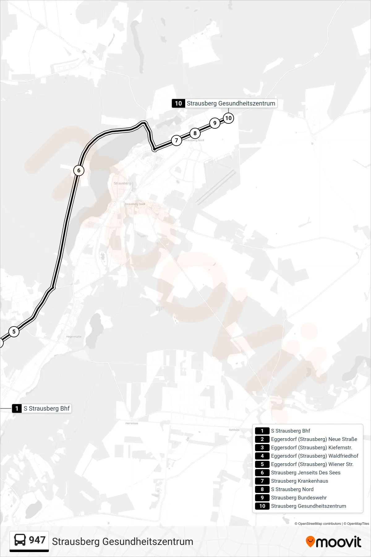 Linie 947 (Bus) Richtung Strausberg Gesundheitszentrum: Route und Haltestellen auf der Karte