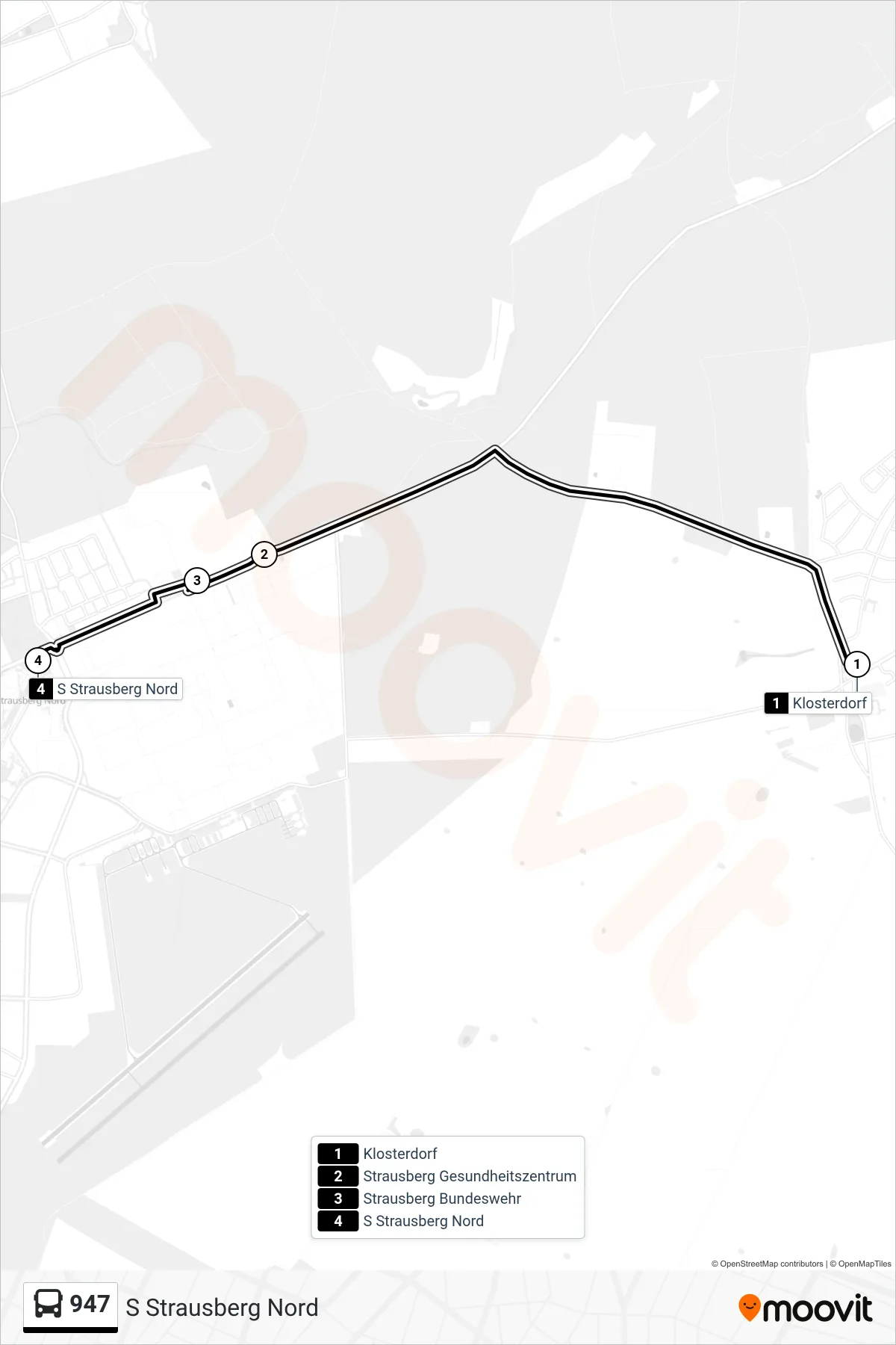 947 bus Line (S Strausberg Nord) route and stops on a map