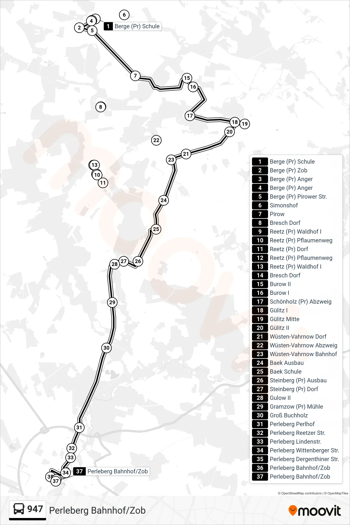 Linie 947 (Bus) Richtung Perleberg Bahnhof/Zob: Route und Haltestellen auf der Karte