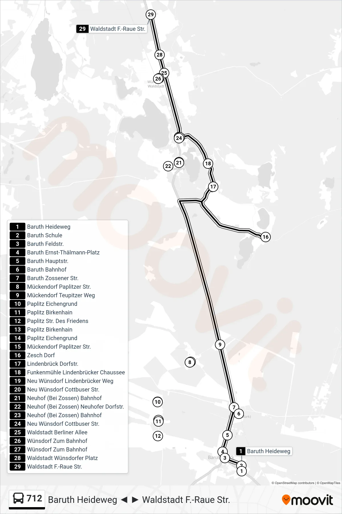 712 bus Line (Waldstadt F.-Raue Str.) route and stops on a map