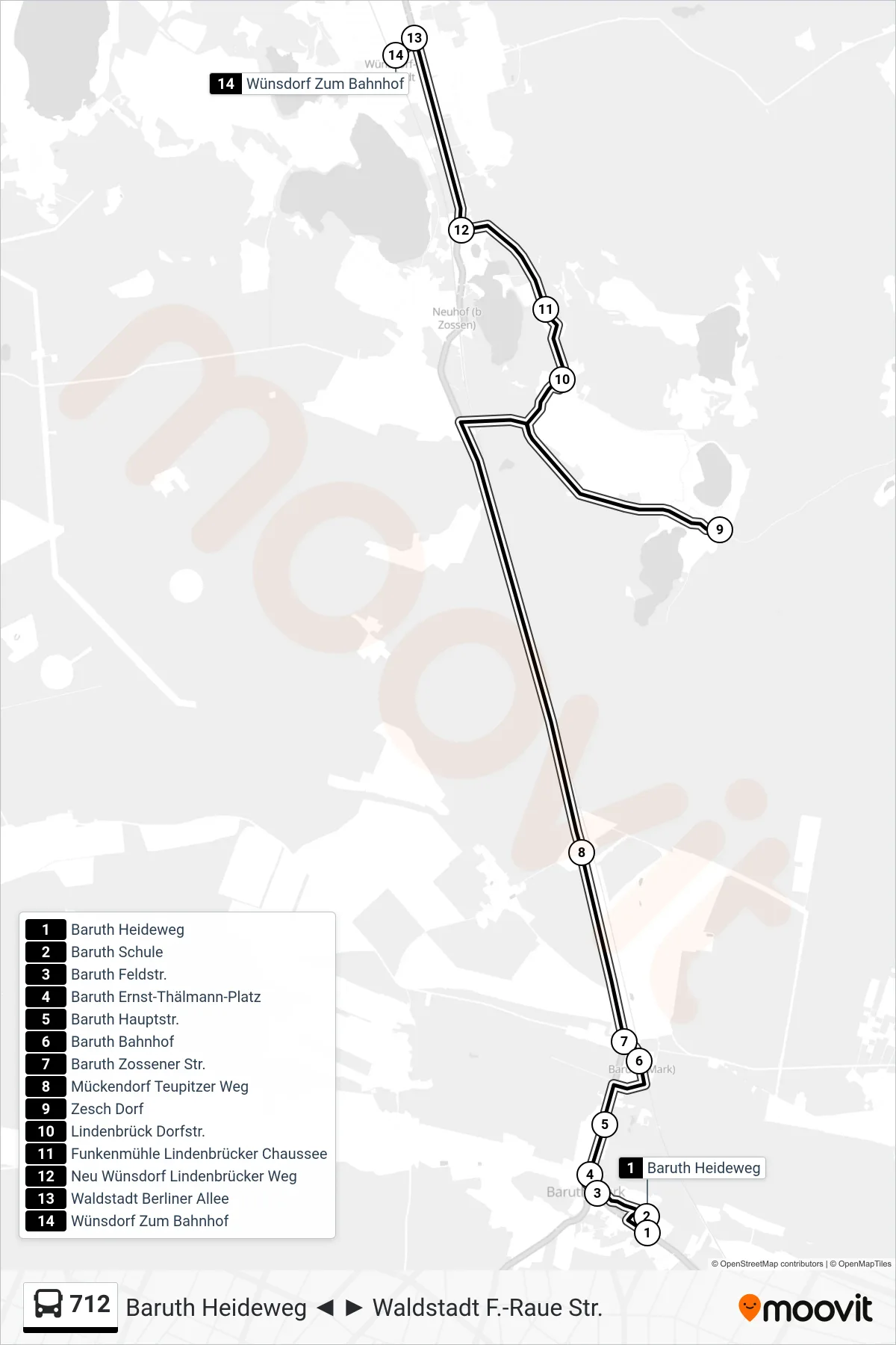 Linie 712 (Bus) Richtung Wünsdorf Zum Bahnhof: Route und Haltestellen auf der Karte