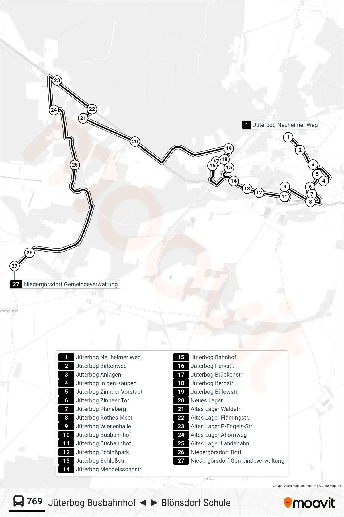 Linie 769 (Bus) Richtung Niedergörsdorf Gemeindeverwaltung: Route und Haltestellen auf der Karte
