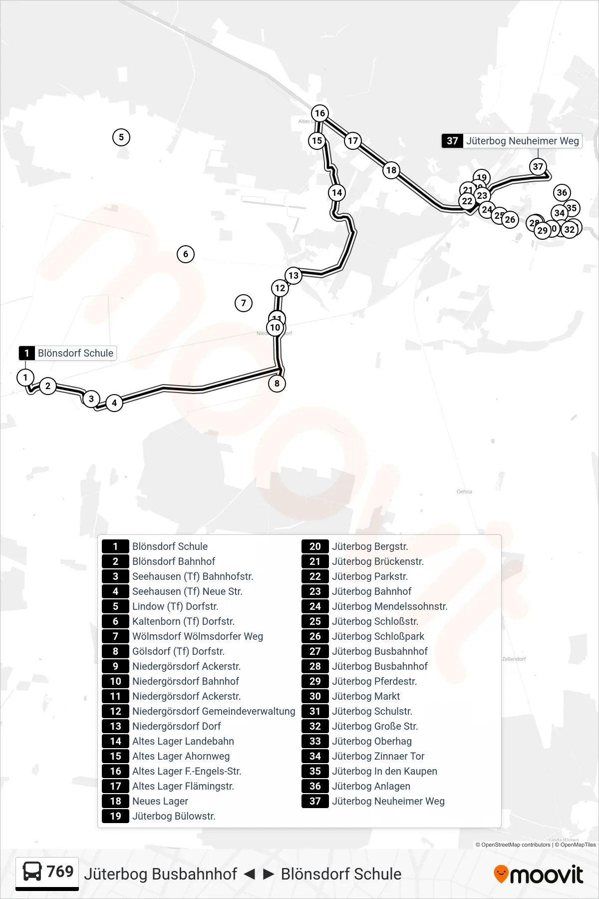 Linie 769 (Bus) Richtung Jüterbog Neuheimer Weg: Route und Haltestellen auf der Karte