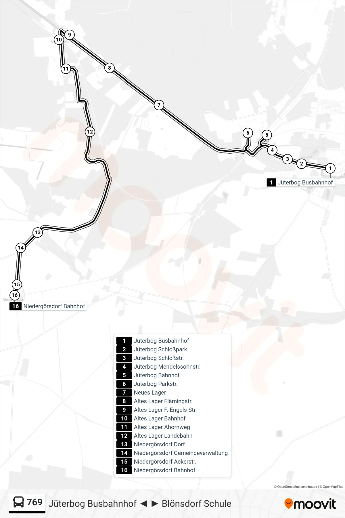 Linie 769 (Bus) Richtung Niedergörsdorf Bahnhof: Route und Haltestellen auf der Karte