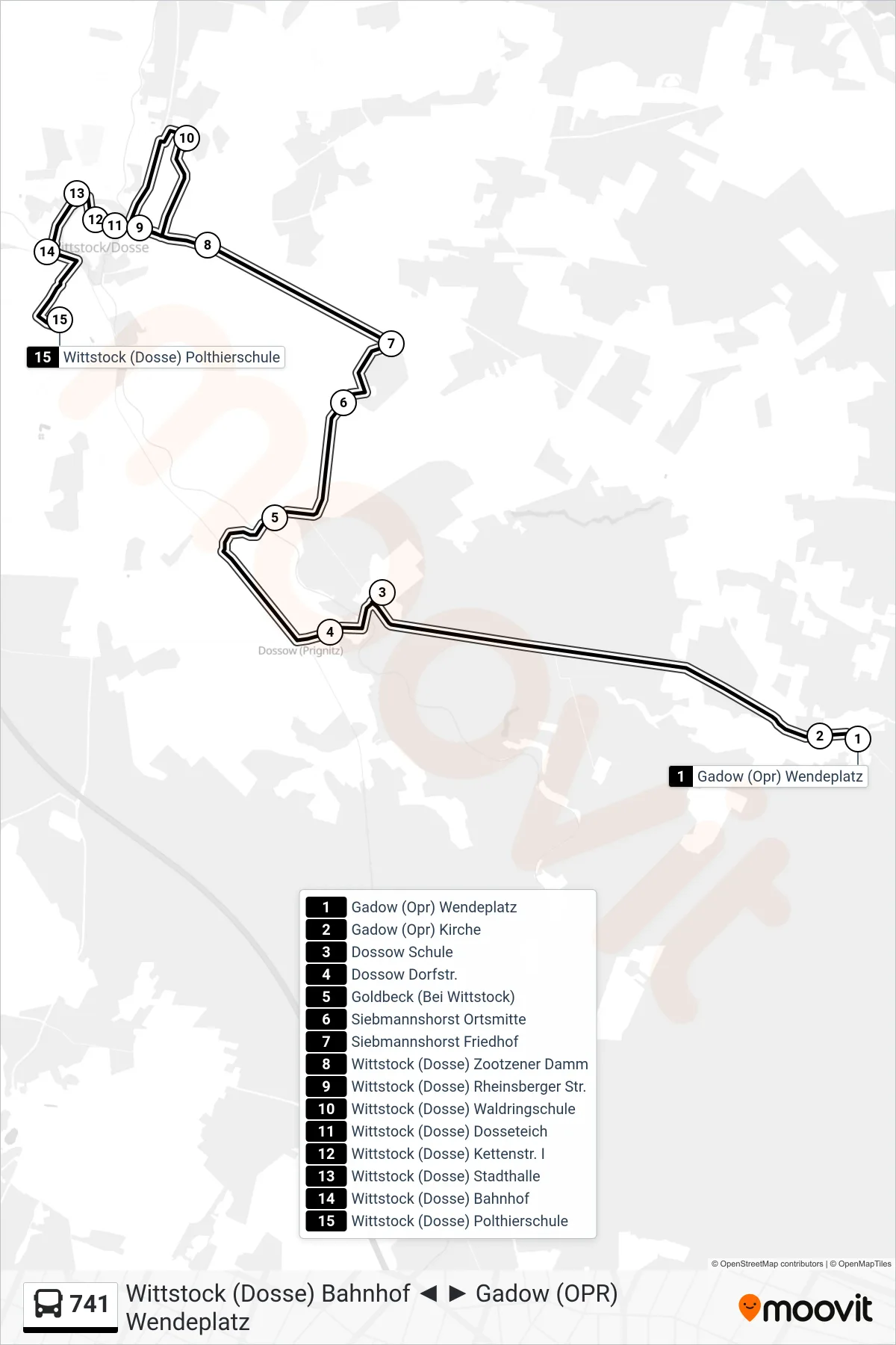 741 bus Line (Wittstock (Dosse) Polthierschule) route and stops on a map