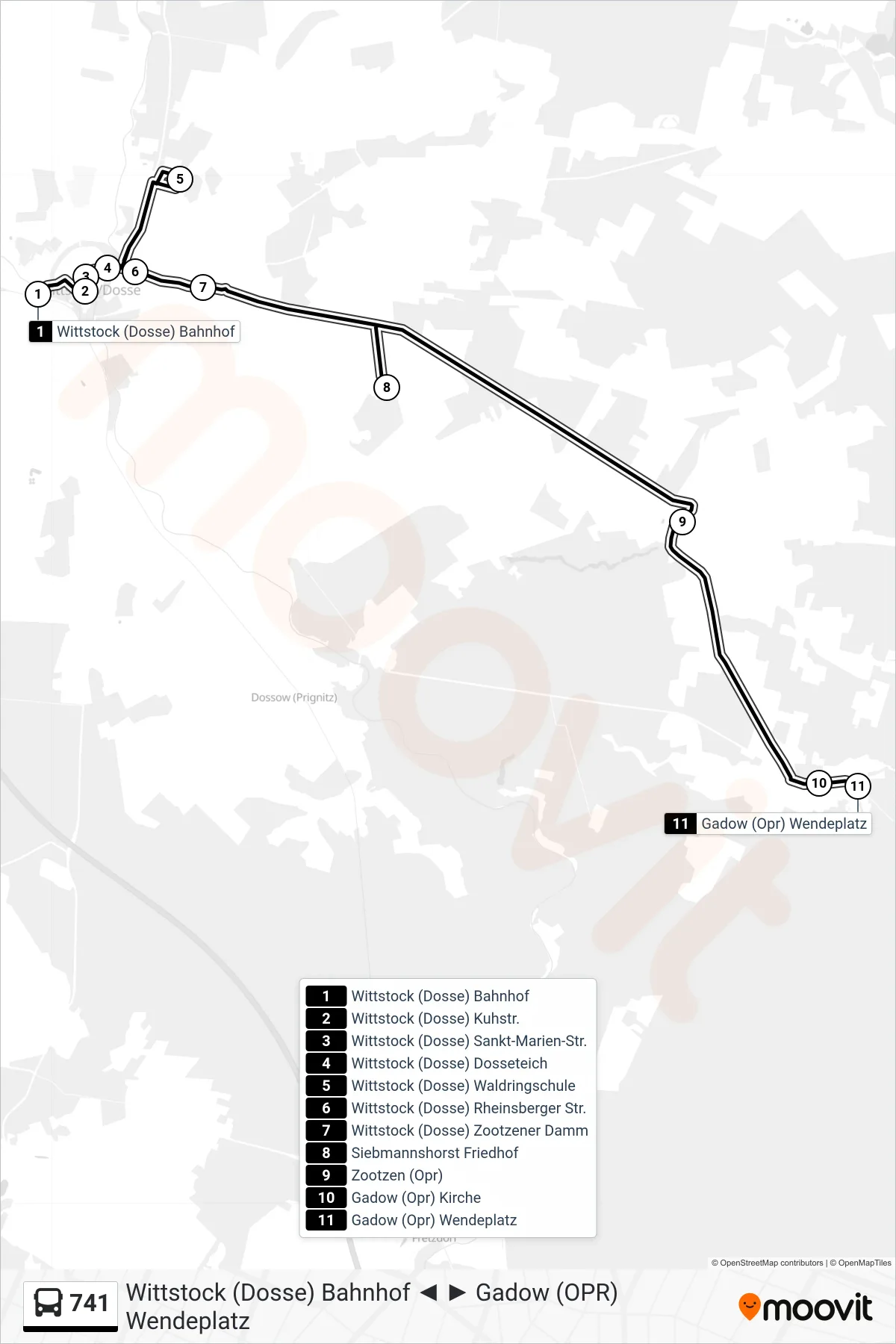 741 bus Line (Gadow (Opr) Wendeplatz) route and stops on a map