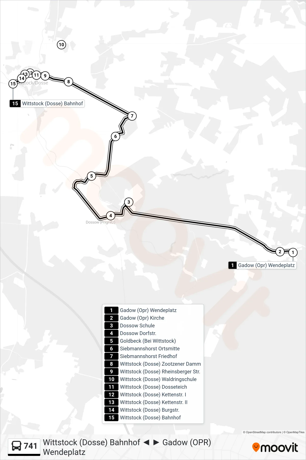Linie 741 (Bus) Richtung Wittstock (Dosse) Bahnhof: Route und Haltestellen auf der Karte