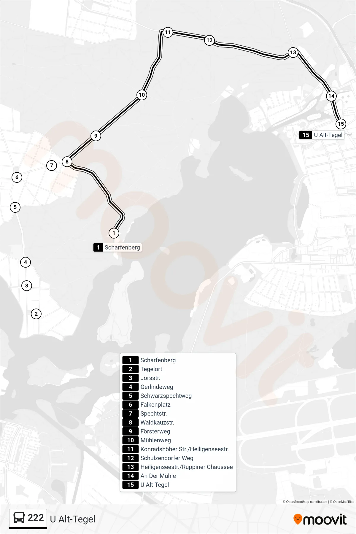 222 bus Line (U Alt-Tegel) route and stops on a map