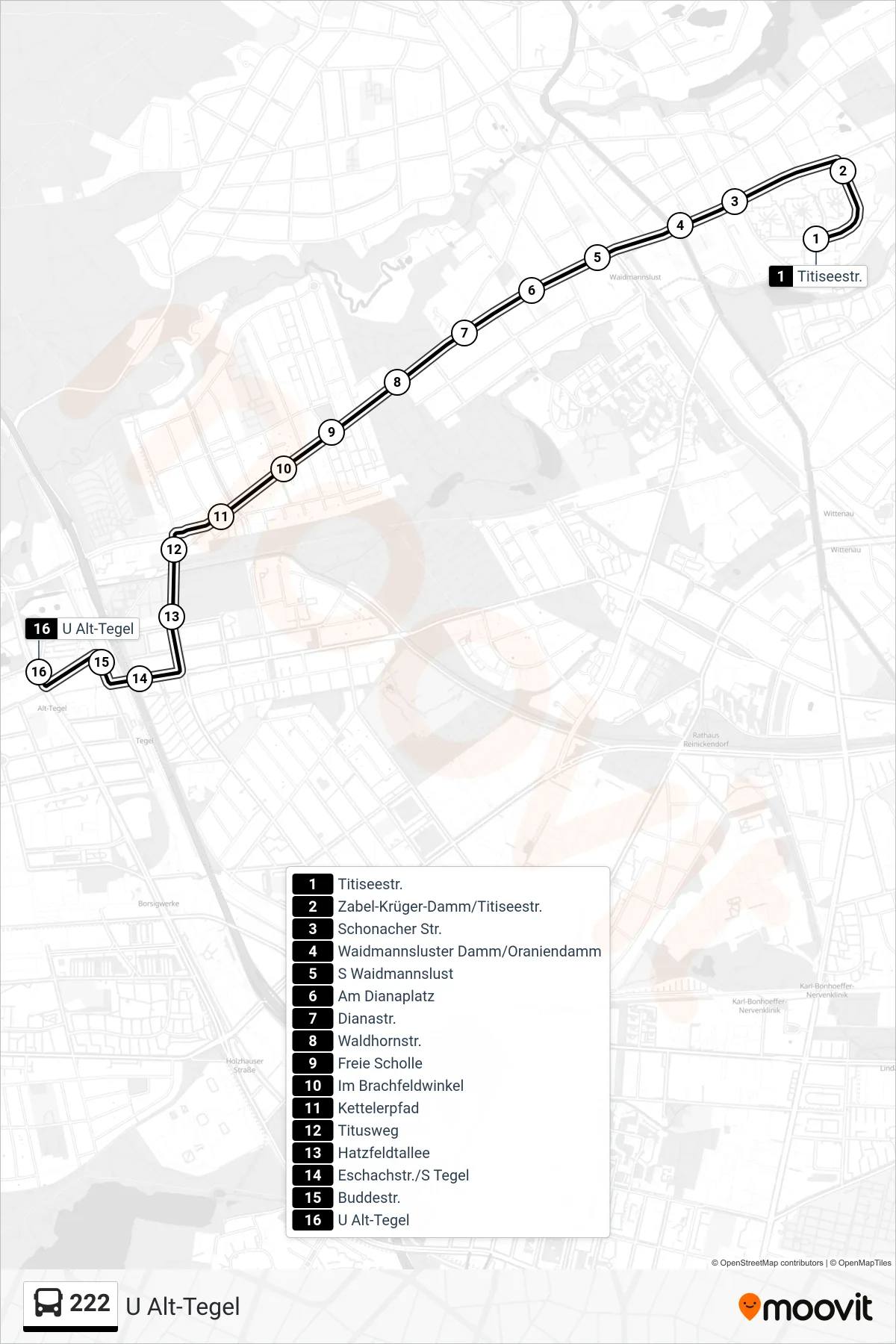 Linie 222 (Bus) Richtung U Alt-Tegel: Route und Haltestellen auf der Karte