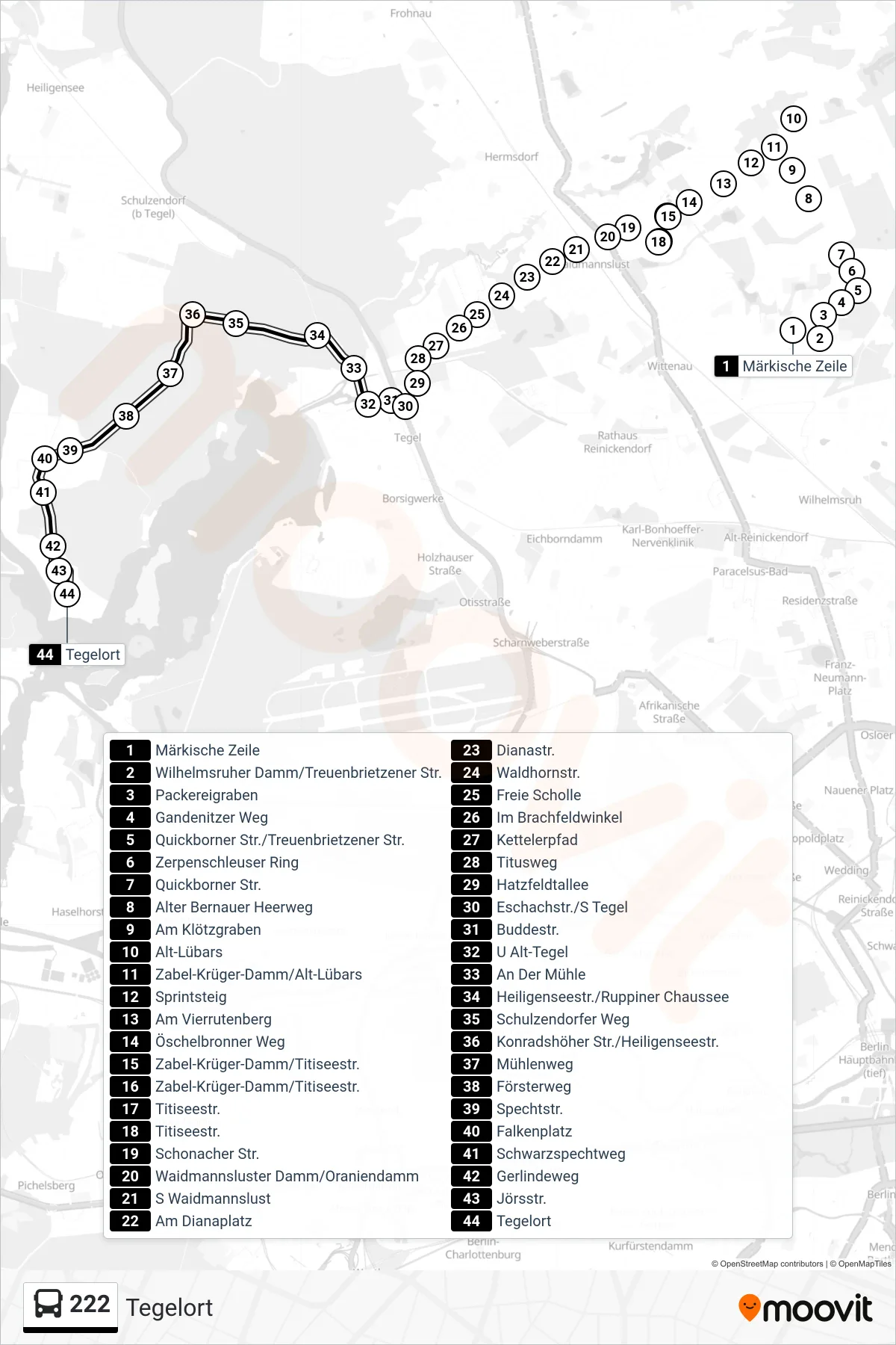Linie 222 (Bus) Richtung Tegelort: Route und Haltestellen auf der Karte