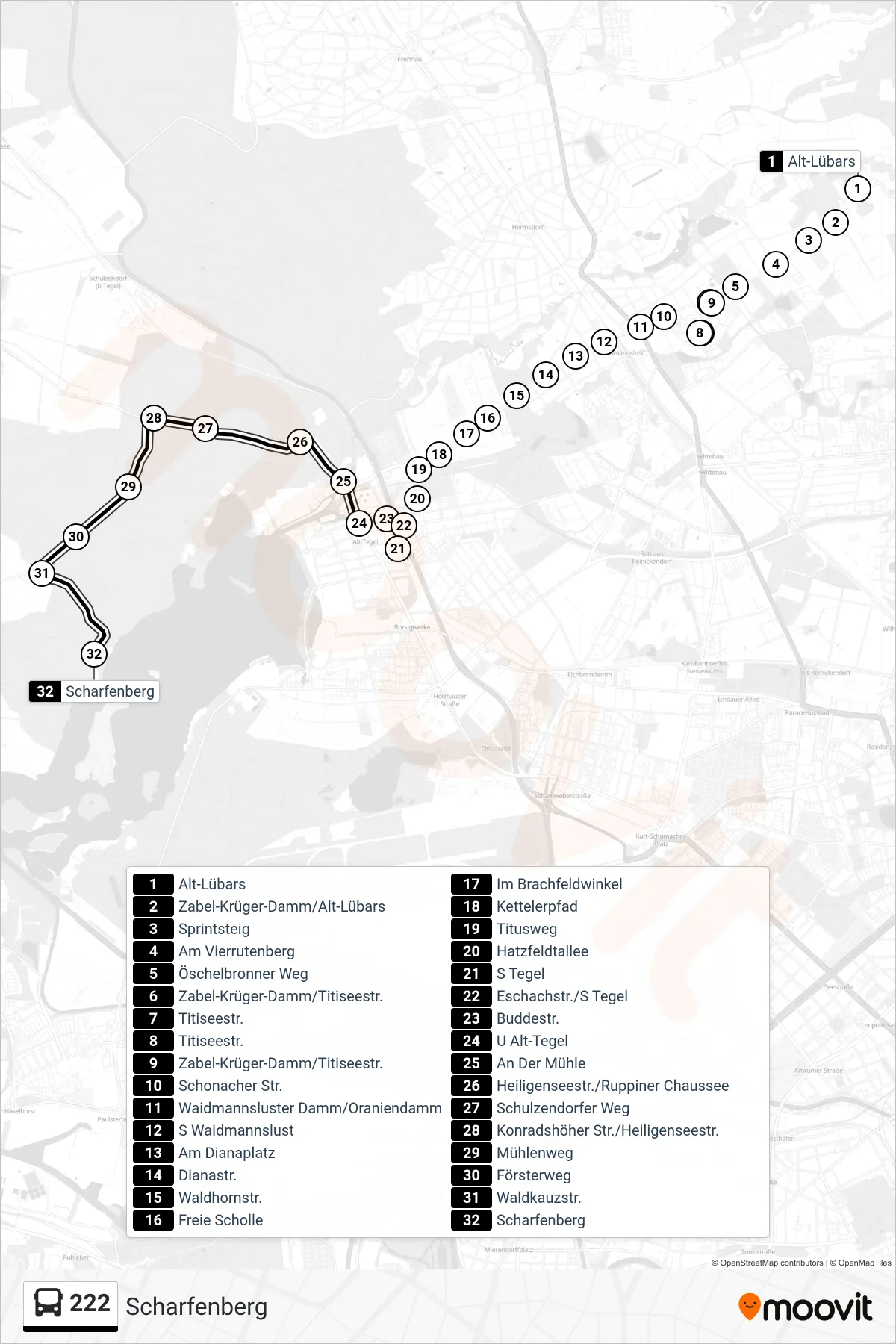 Linie 222 (Bus) Richtung Scharfenberg: Route und Haltestellen auf der Karte