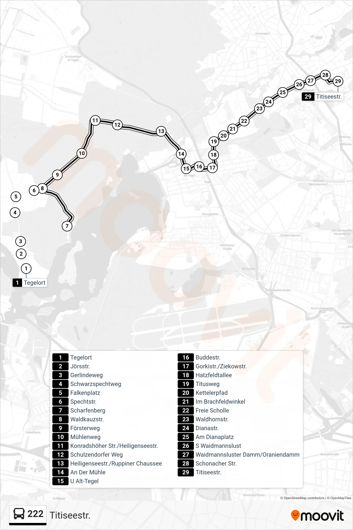 Linie 222 (Bus) Richtung Titiseestr.: Route und Haltestellen auf der Karte