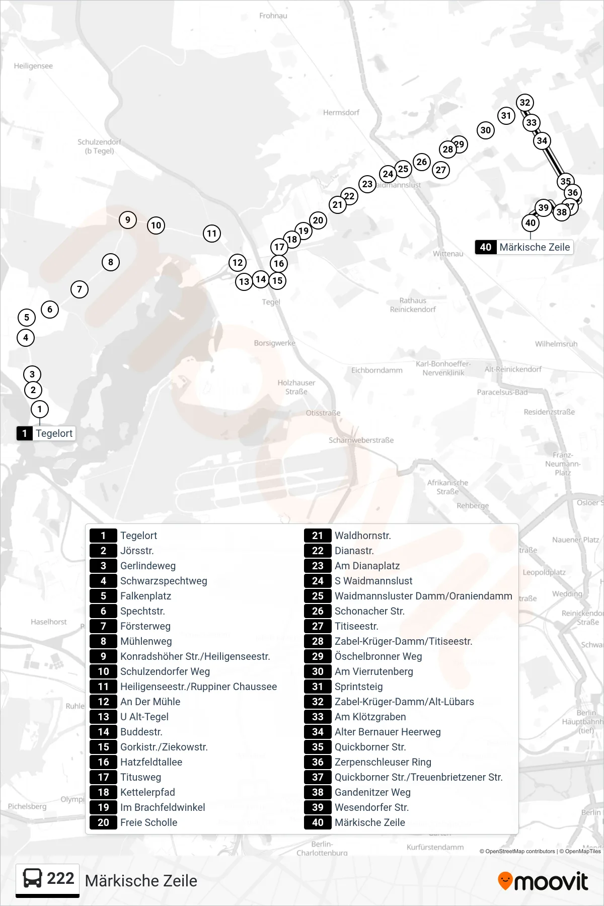 Linie 222 (Bus) Richtung Märkische Zeile: Route und Haltestellen auf der Karte