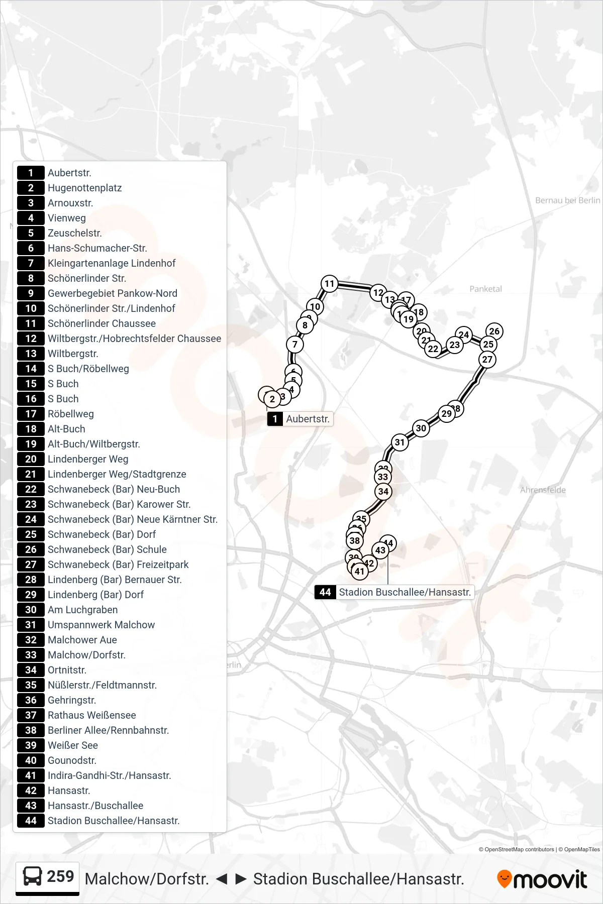 Linie 259 (Bus) Richtung Stadion Buschallee/Hansastr.: Route und Haltestellen auf der Karte