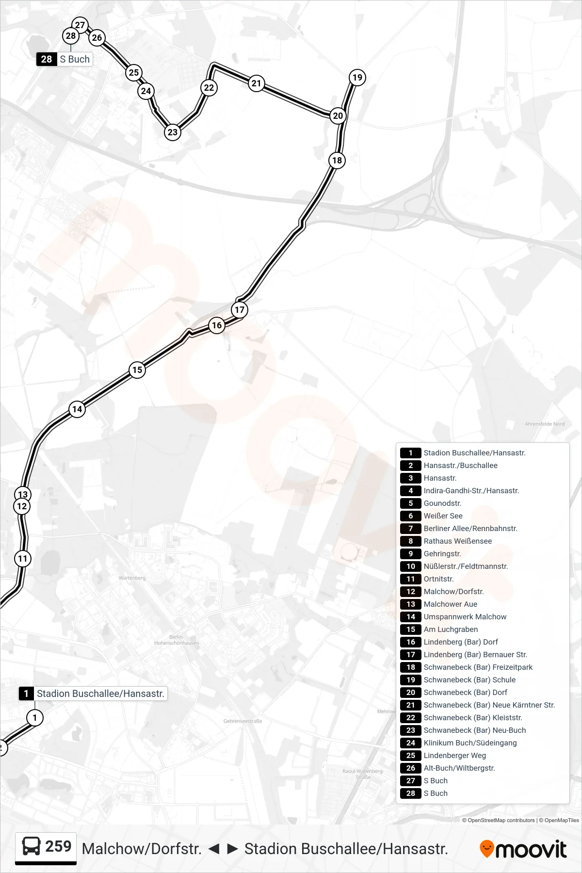Linie 259 (Bus) Richtung S Buch: Route und Haltestellen auf der Karte