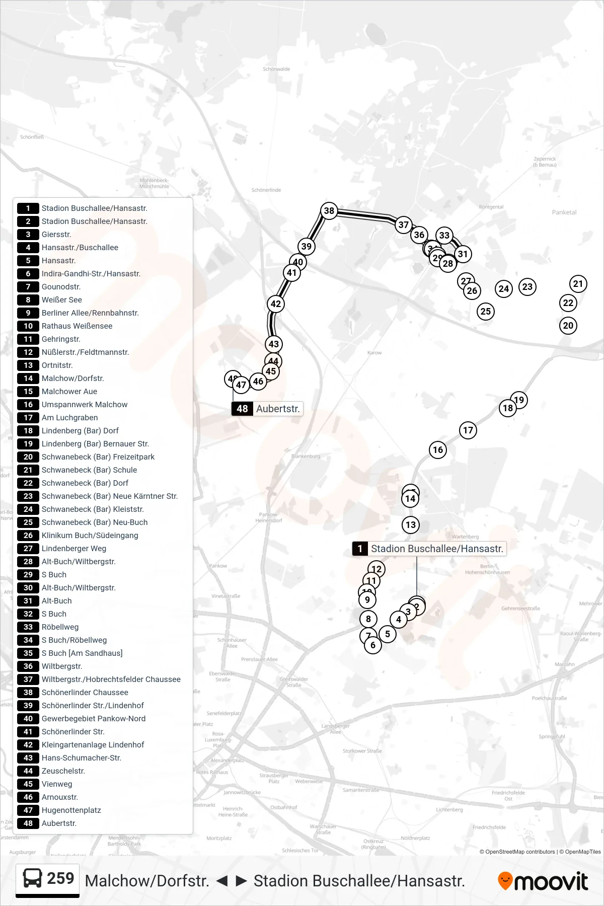 Linie 259 (Bus) Richtung Aubertstr.: Route und Haltestellen auf der Karte