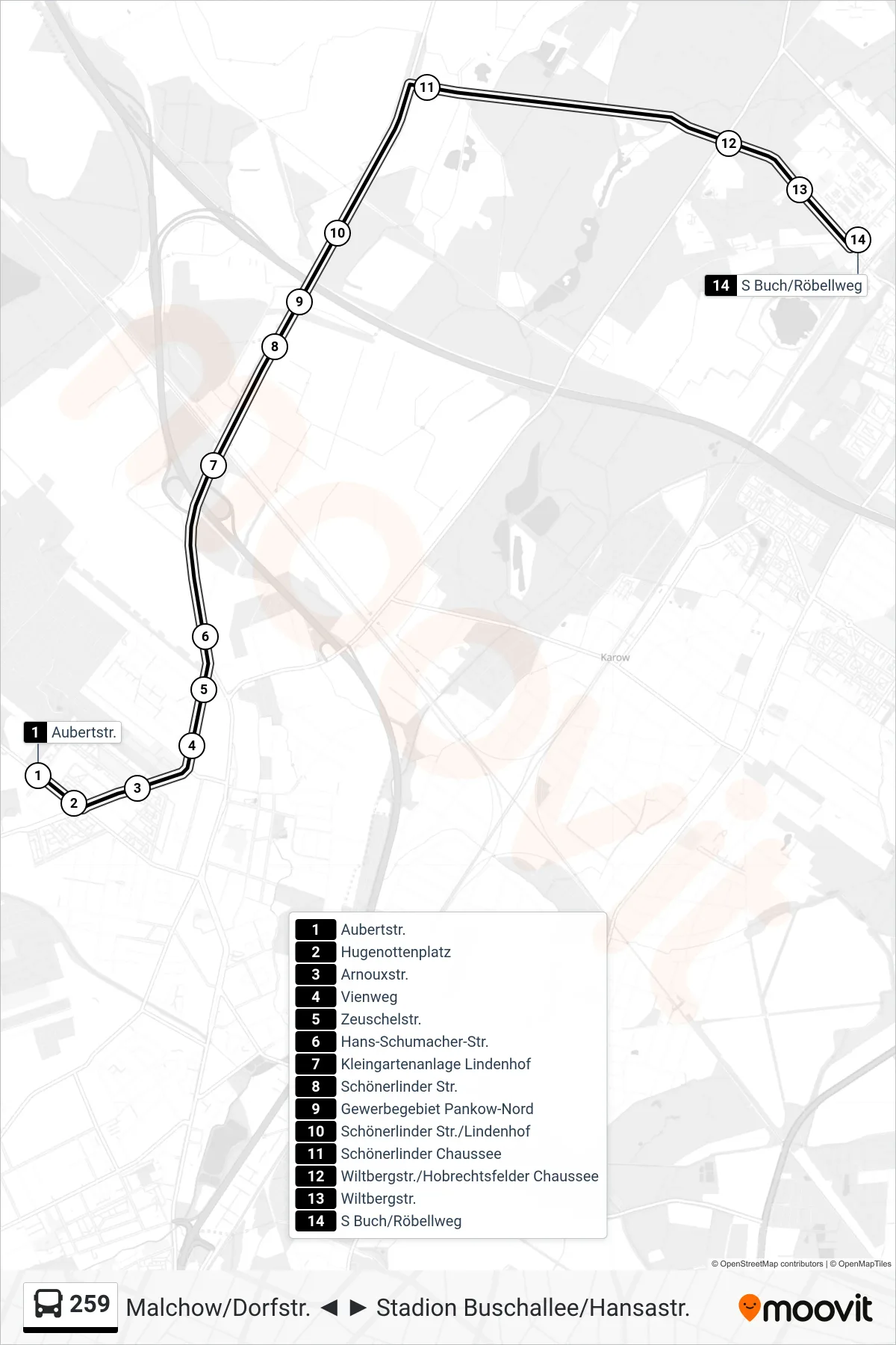 Linie 259 (Bus) Richtung S Buch/Röbellweg: Route und Haltestellen auf der Karte