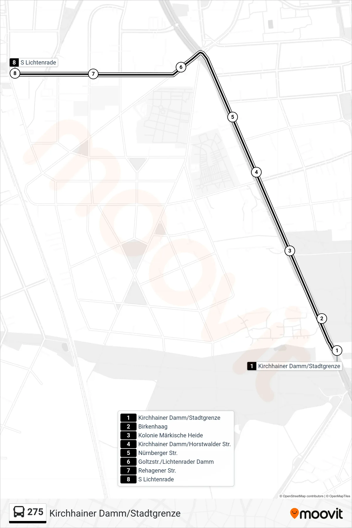 275 bus Line (S Lichtenrade) route and stops on a map