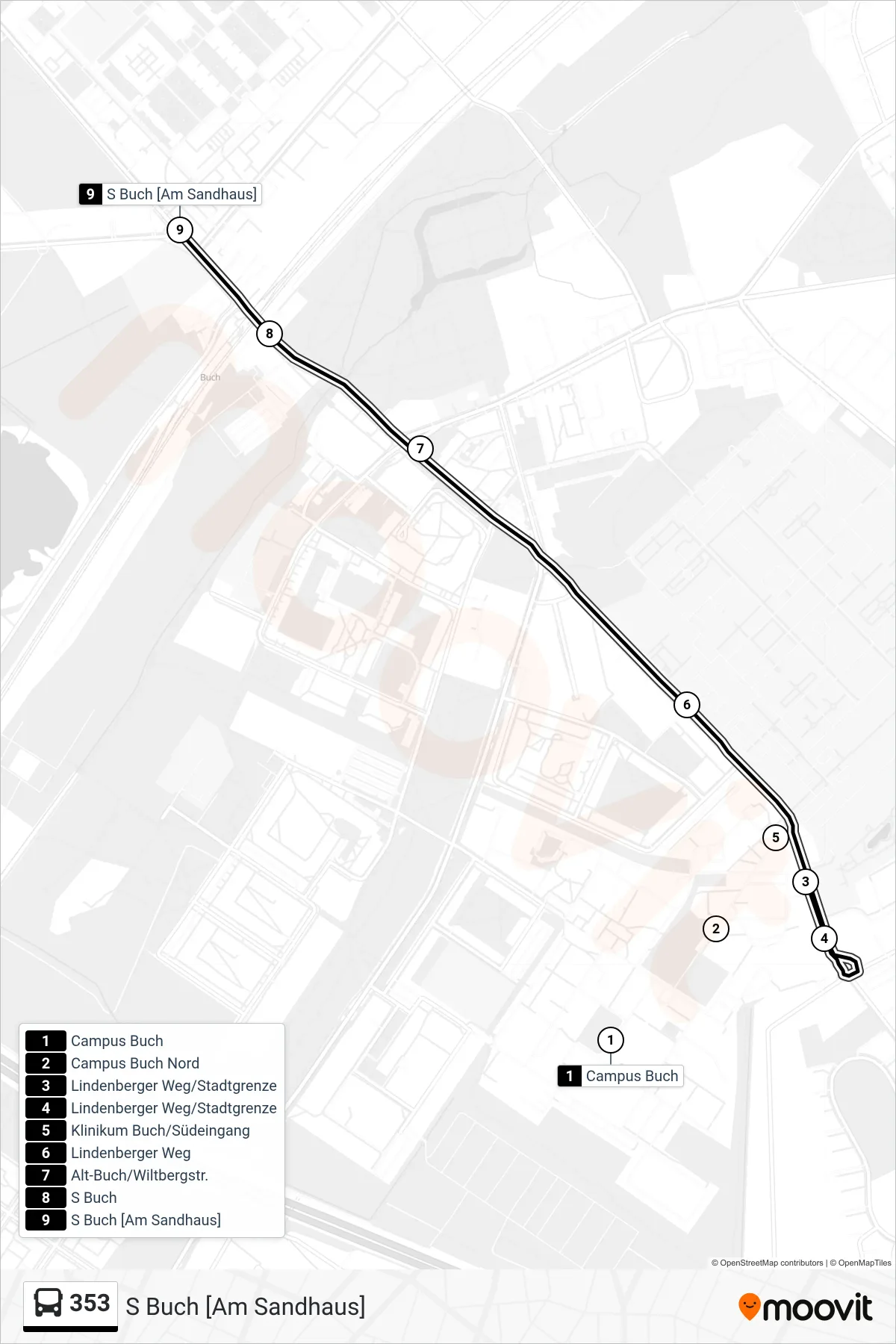Linie 353 (Bus) Richtung S Buch [Am Sandhaus]: Route und Haltestellen auf der Karte