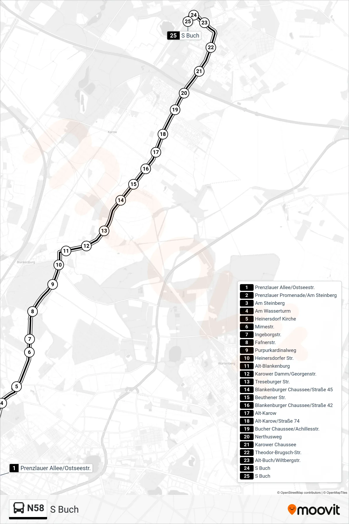 Linie N58 (Bus) Richtung S Buch: Route und Haltestellen auf der Karte
