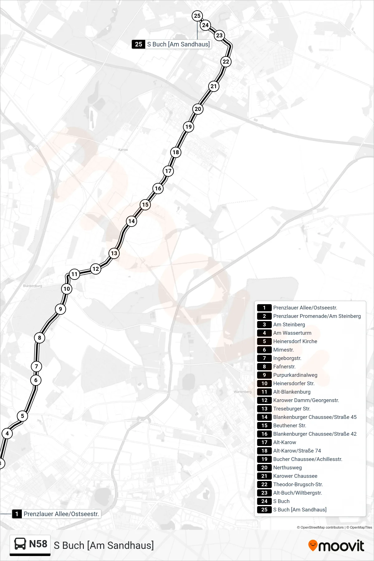 Linie N58 (Bus) Richtung S Buch [Am Sandhaus]: Route und Haltestellen auf der Karte