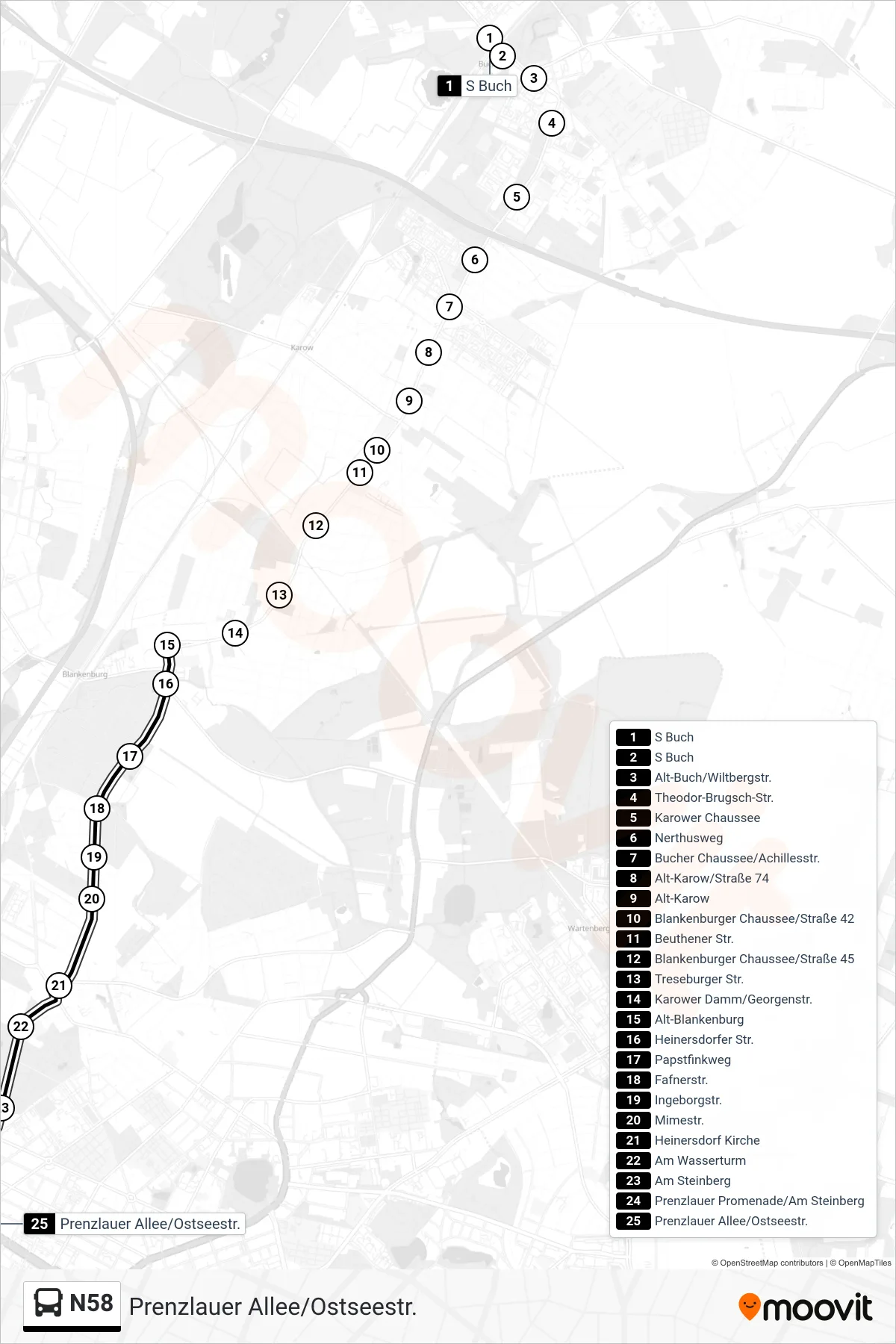 Linie N58 (Bus) Richtung Prenzlauer Allee/Ostseestr.: Route und Haltestellen auf der Karte