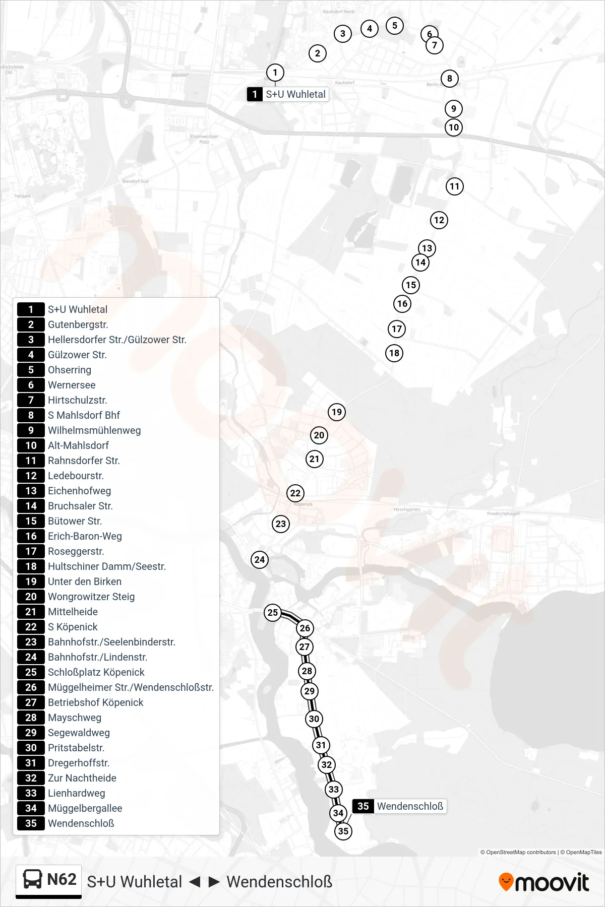 Linie N62 (Bus) Richtung Wendenschloß: Route und Haltestellen auf der Karte