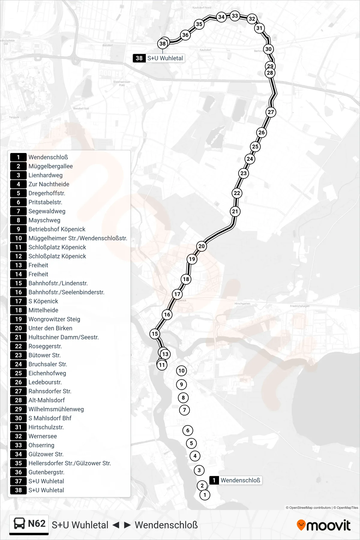 Linie N62 (Bus) Richtung S+U Wuhletal: Route und Haltestellen auf der Karte