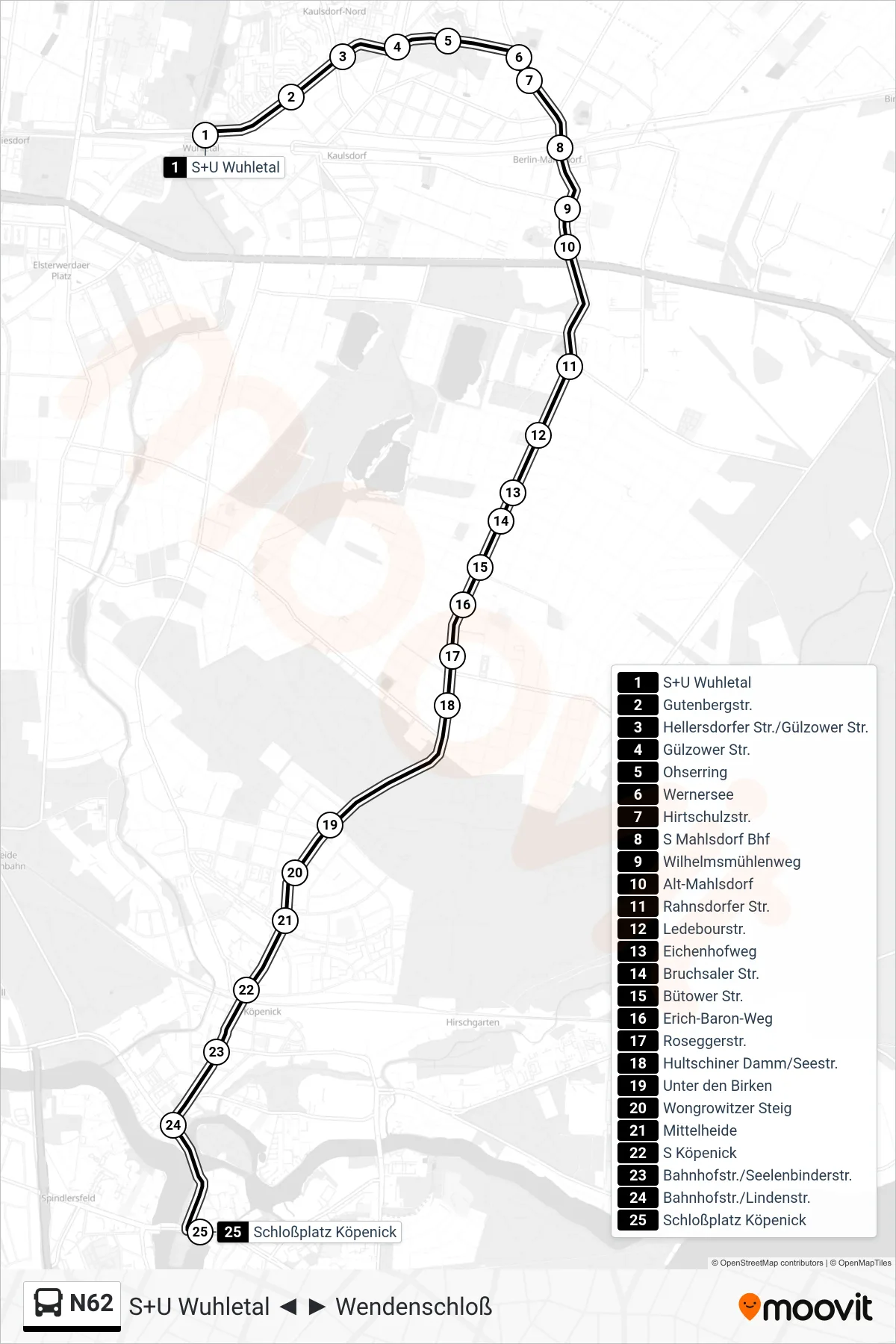 Linie N62 (Bus) Richtung Schloßplatz Köpenick: Route und Haltestellen auf der Karte