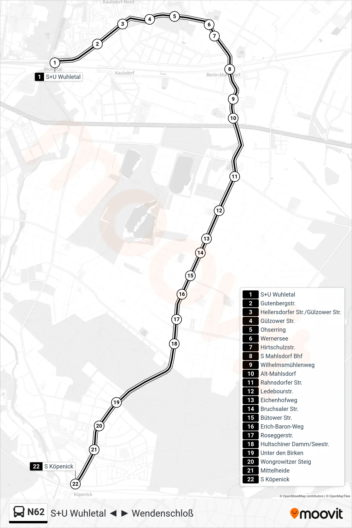 N62 bus Line (S Köpenick) route and stops on a map
