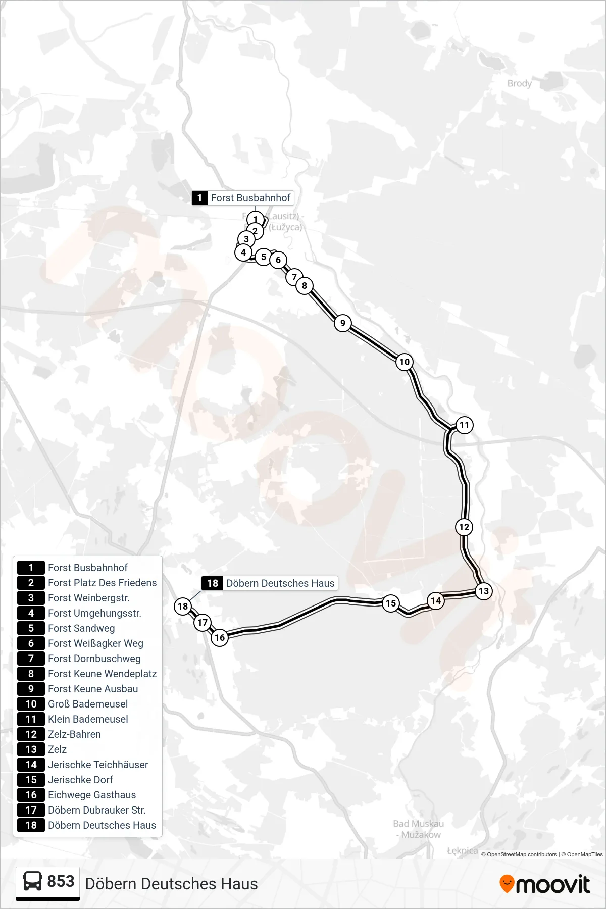 Linie 853 (Bus) Richtung Döbern Deutsches Haus: Route und Haltestellen auf der Karte