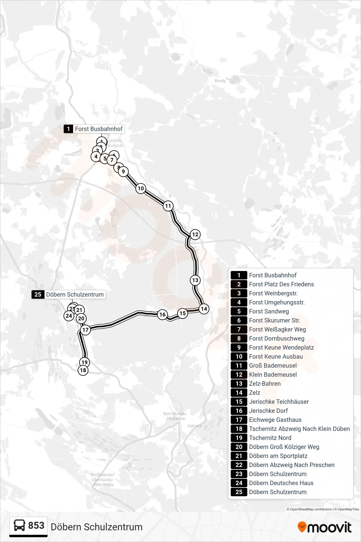 Linie 853 (Bus) Richtung Döbern Schulzentrum: Route und Haltestellen auf der Karte