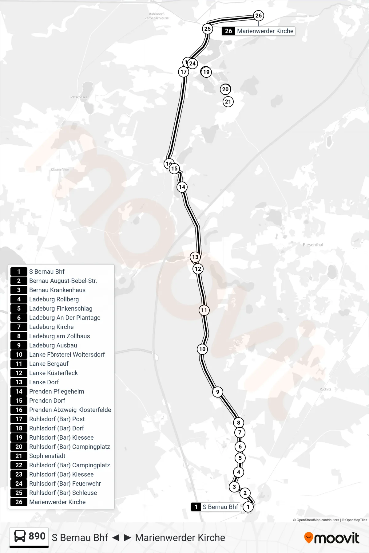 Linie 890 (Bus) Richtung Marienwerder Kirche: Route und Haltestellen auf der Karte