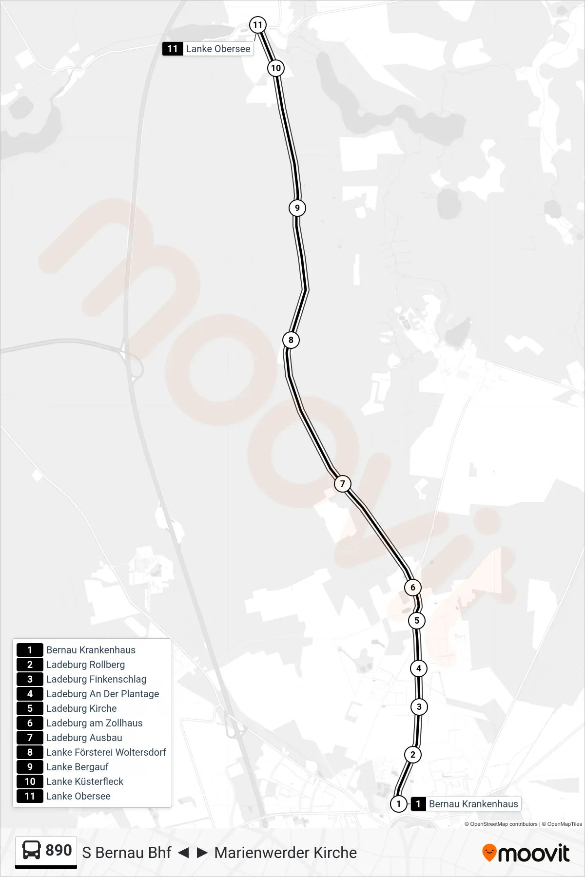 Linie 890 (Bus) Richtung Lanke Obersee: Route und Haltestellen auf der Karte