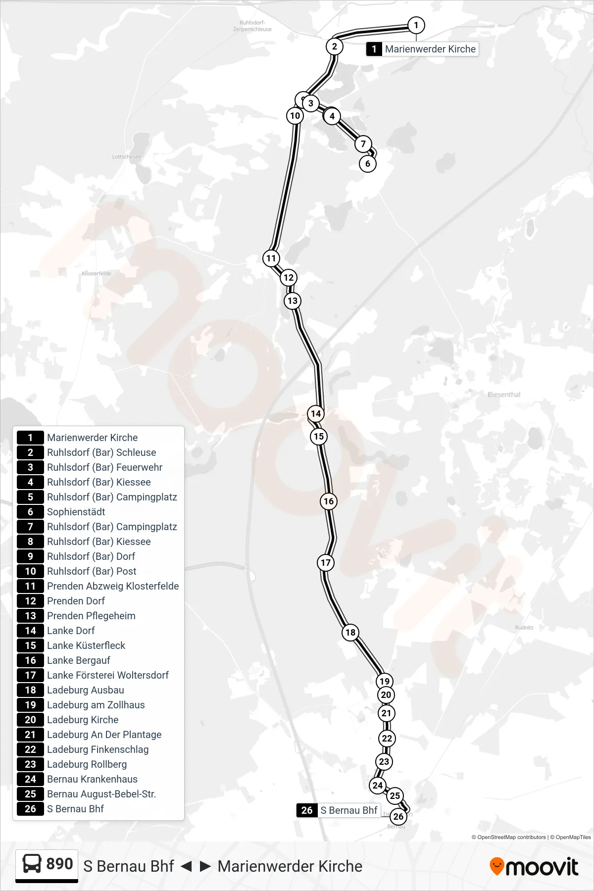 Linie 890 (Bus) Richtung S Bernau Bhf: Route und Haltestellen auf der Karte
