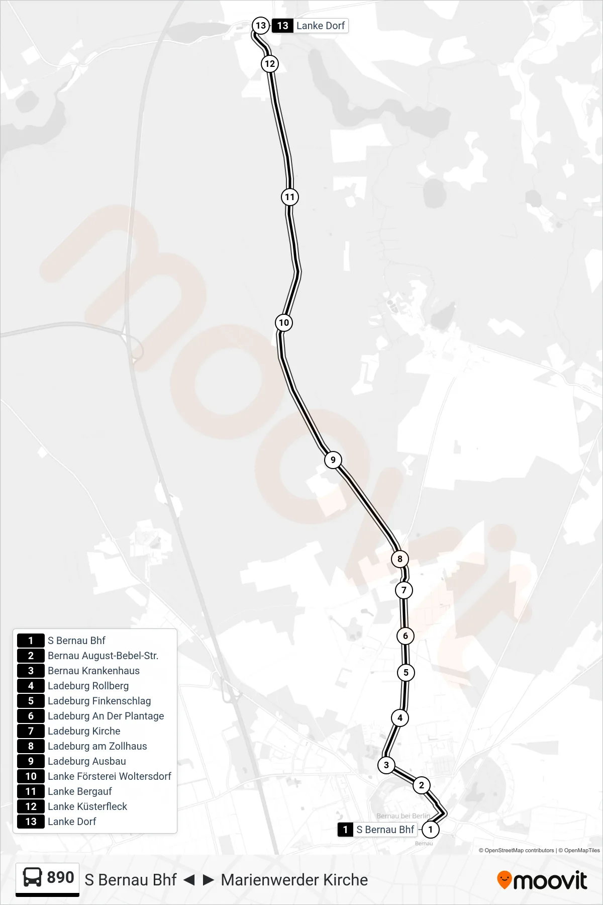 Linie 890 (Bus) Richtung Lanke Dorf: Route und Haltestellen auf der Karte