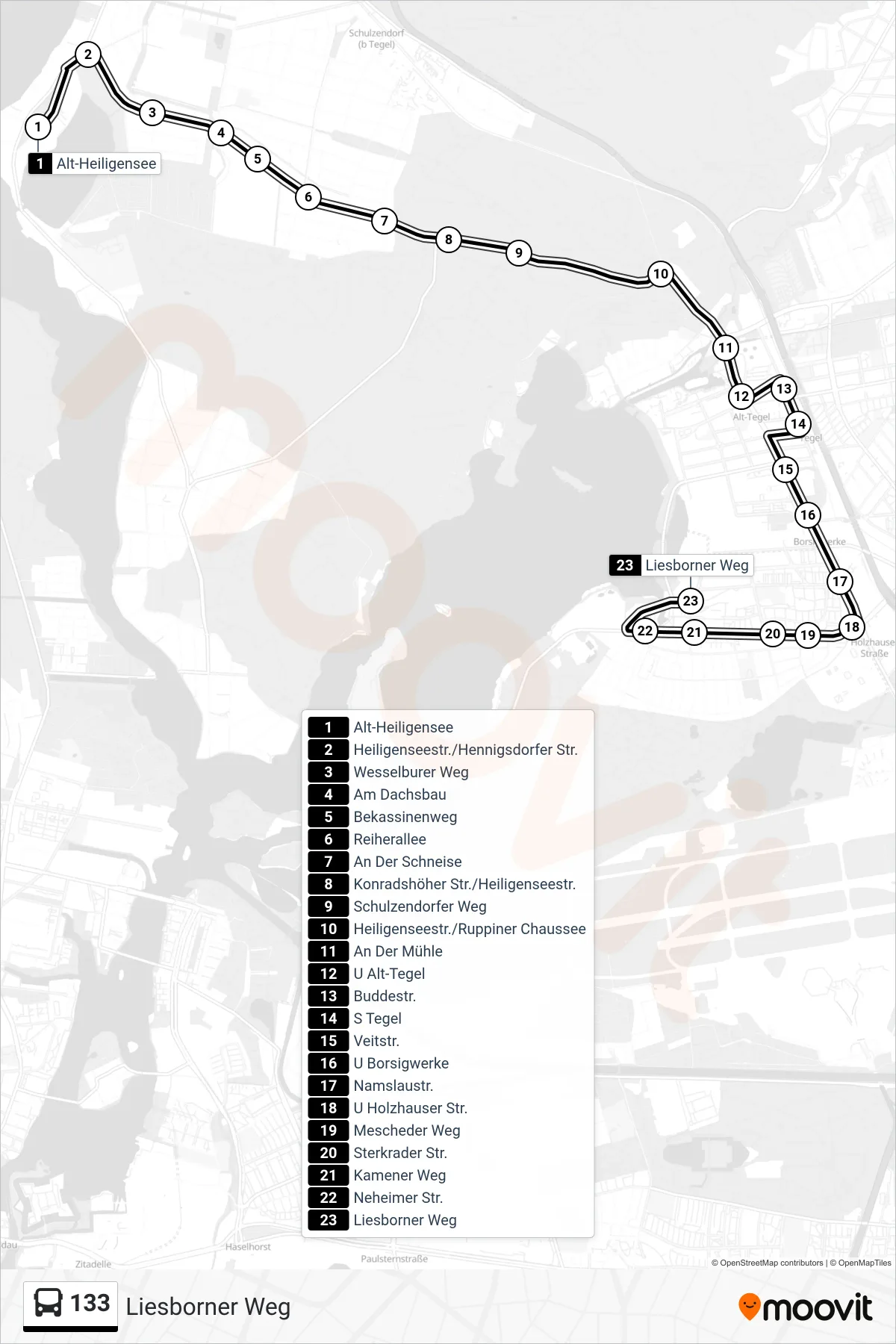 133 bus Line (Liesborner Weg) route and stops on a map