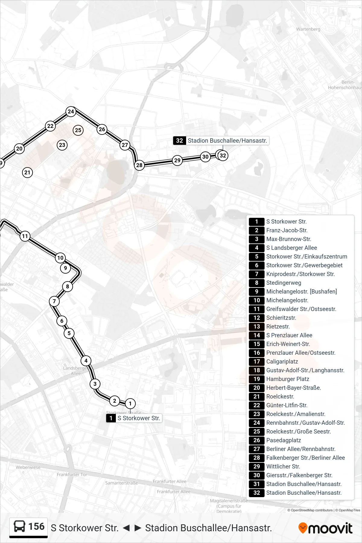 Linie 156 (Bus) Richtung Stadion Buschallee/Hansastr.: Route und Haltestellen auf der Karte