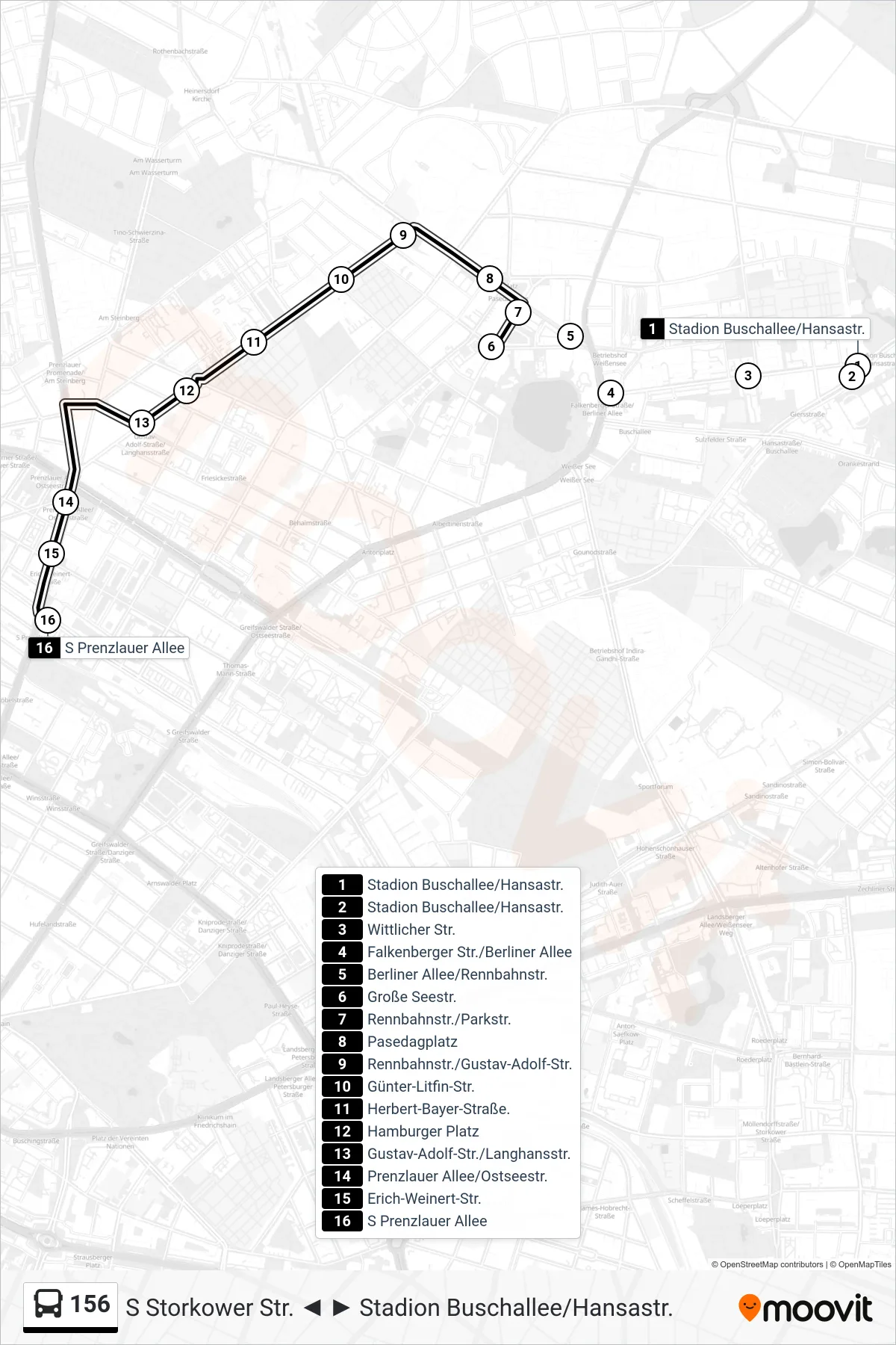 Linie 156 (Bus) Richtung S Prenzlauer Allee: Route und Haltestellen auf der Karte