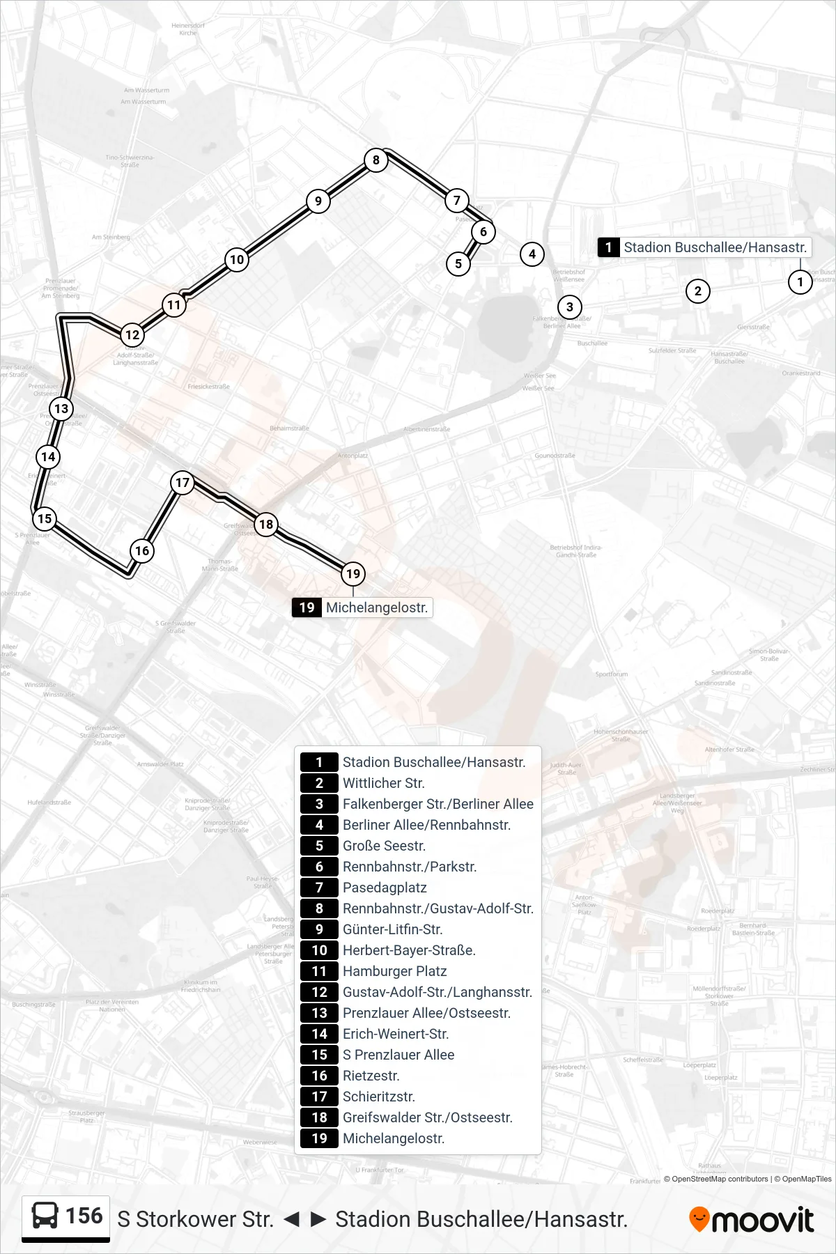 Linie 156 (Bus) Richtung Michelangelostr.: Route und Haltestellen auf der Karte